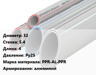 Труба полипропиленовая 32 s=5.4 L=4 Ру25 PPR-AL-PPR алюминий, шт, VALFEX,РосТурПласт, SDR 6 цена от 287.6 сом / шт, где купить, условия доставки в Оше и Ошской области